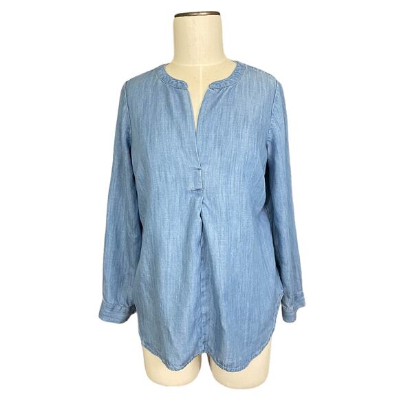 Talbots Petites Women's Mp Long Sleeve Shirt Chambray Tencel Denim Look Popover - Picture 1 of 11